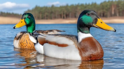 Obraz premium Mallard Ducks Swimming in Calm Water Under Clear Blue Sky