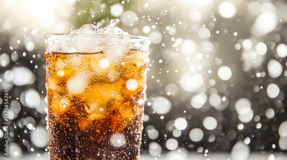 Poster refreshing iced cola drink in a glass with ice cubes and splashing water droplets against a bokeh ba
