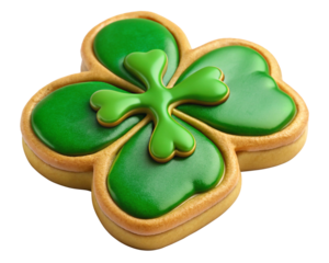 Shamrock cookie green icing golden border on a transparent background