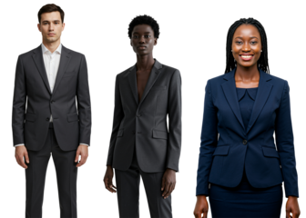 Three diverse young adult professionals, one white male and two black females, standing in business suits against a transparent background, representing corporate attire and teamwork.