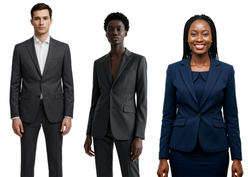 Three diverse young adult professionals, one white male and two black females, standing in business suits against a transparent background, representing corporate attire and teamwork.