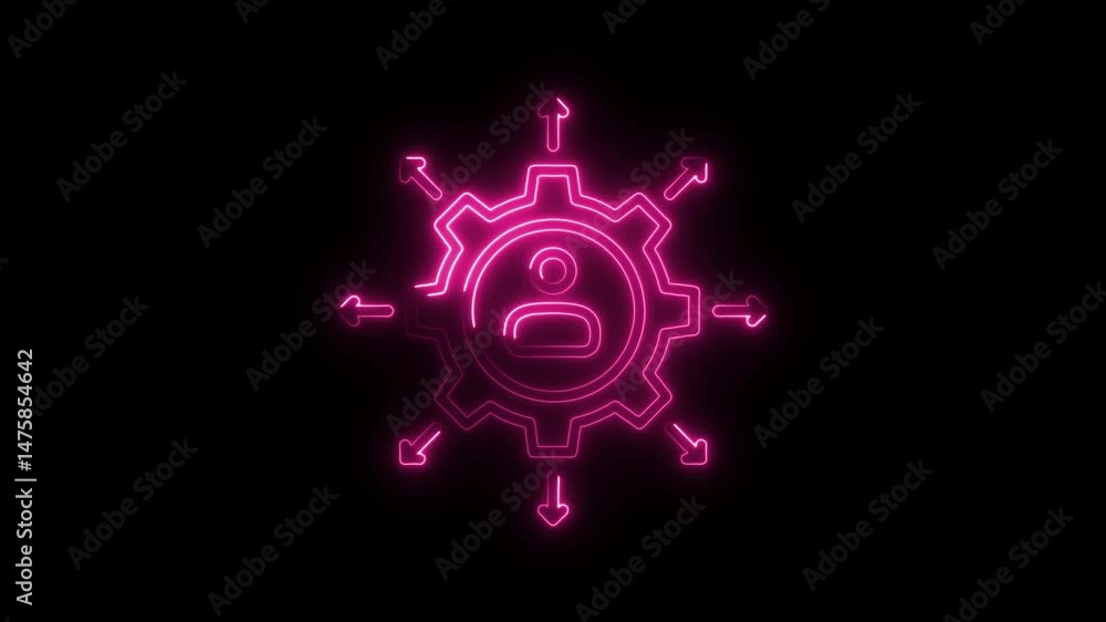 Aufkleber neon outline person in gear icon with arrows illustrating connection and workflow on black backgroun