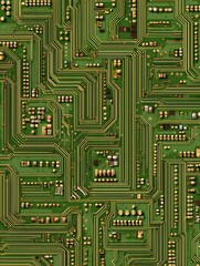 Intricate Circuit Board Design with Gold and Green Connections