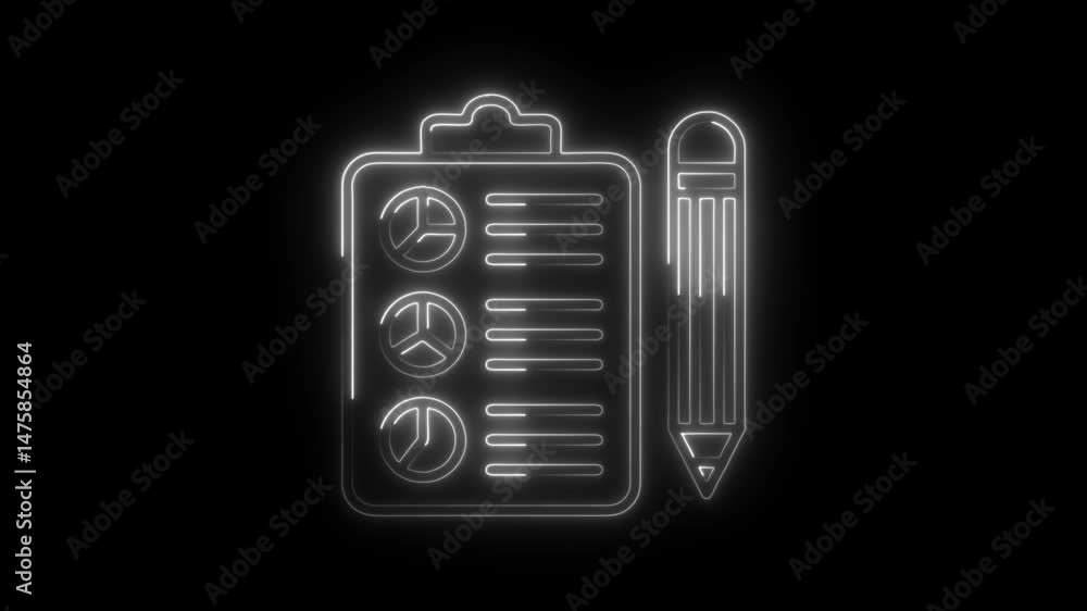 Poster neon business report with pencil animation on black background for data and analysis