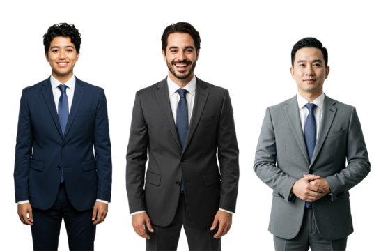 Three diverse adult businessmen in suits smiling and standing confidently against a transparent background, representing professionalism and teamwork in a corporate setting.