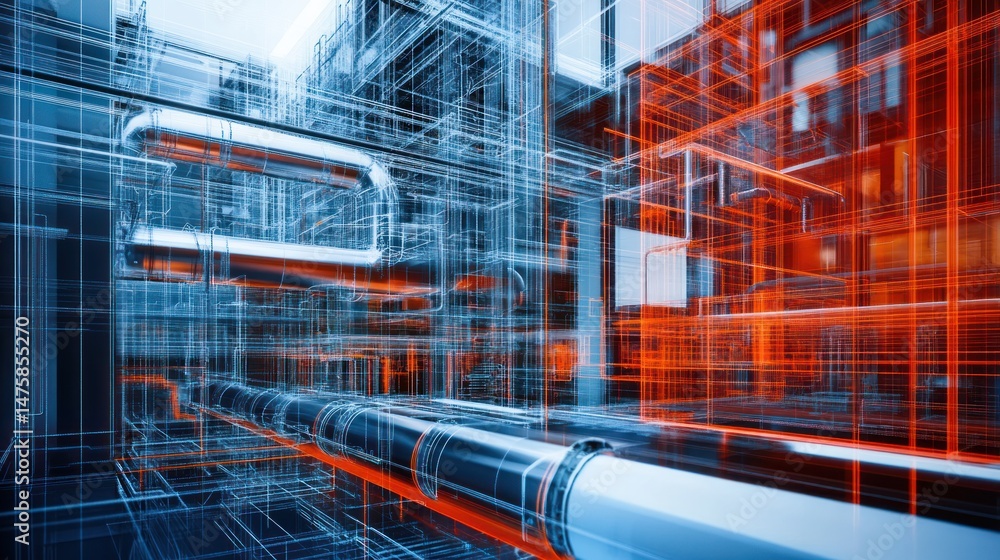 Aufkleber abstract industrial structure: a 3d wireframe rendering of complex piping and frameworks