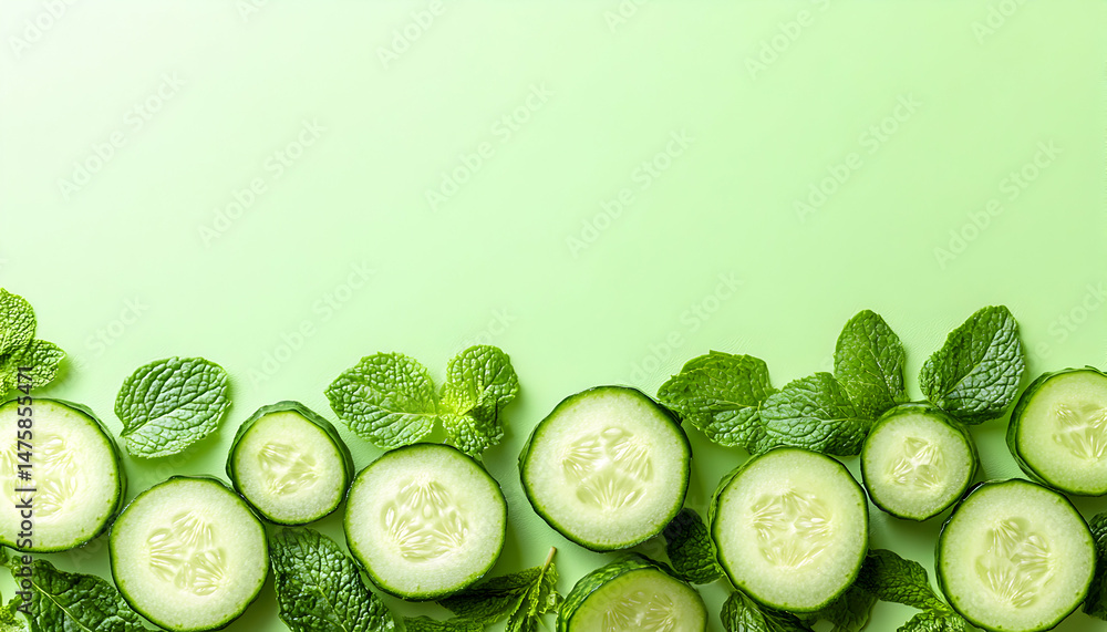 Poster refreshing cucumber and mint slices arranged on a light green background, creating a vibrant and hea