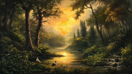 Forest glade at golden hour, serene landscape painting.