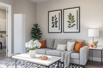 Elegant Living Room with Gray Sofa, Floral Art Prints, White Coffee Table and Decor Items