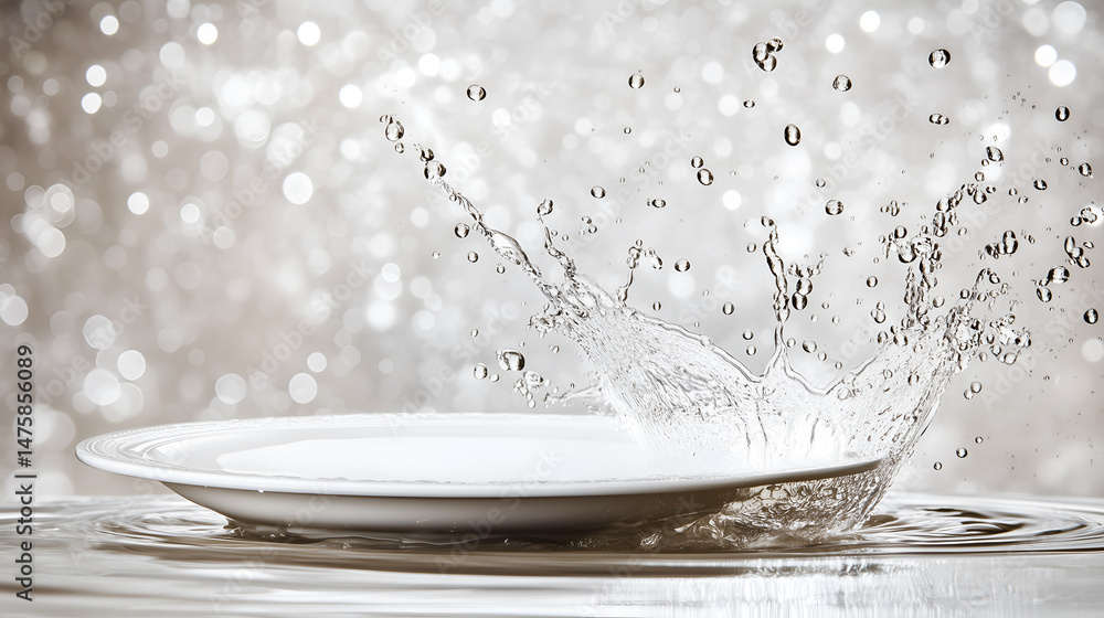 Poster water splash on a plate, showing the power and dynamics of a liquid colliding with an object