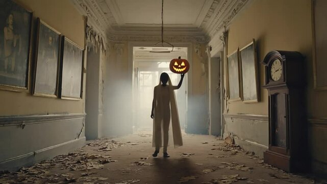 Mysterious figure with a glowing pumpkin head standing in an abandoned building. Ideal for Halloween themes, spooky visuals, and eerie concepts. Dark, ominous.