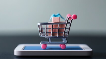 A miniature shopping cart filled with gifts sits atop a mobile phone representing online commerce today.