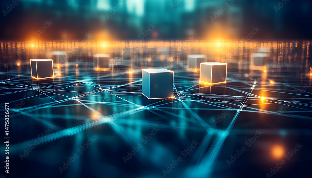 Poster abstract digital network concept. glowing cubes connected by lines on a dark background, representin