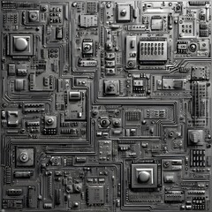 Abstract Gray Circuit Board Design with Complex Electronic Components