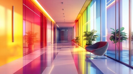 Modern, colorful hallway, vibrant glass walls, plants, and a stylish chair