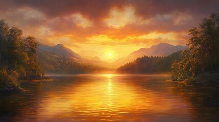 Obraz premium Golden Sunset Lake Landscape