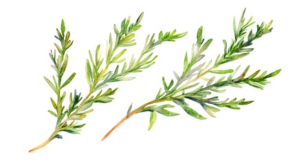 Obraz premium Three sprigs of delicate green foliage, meticulously rendered in watercolor.