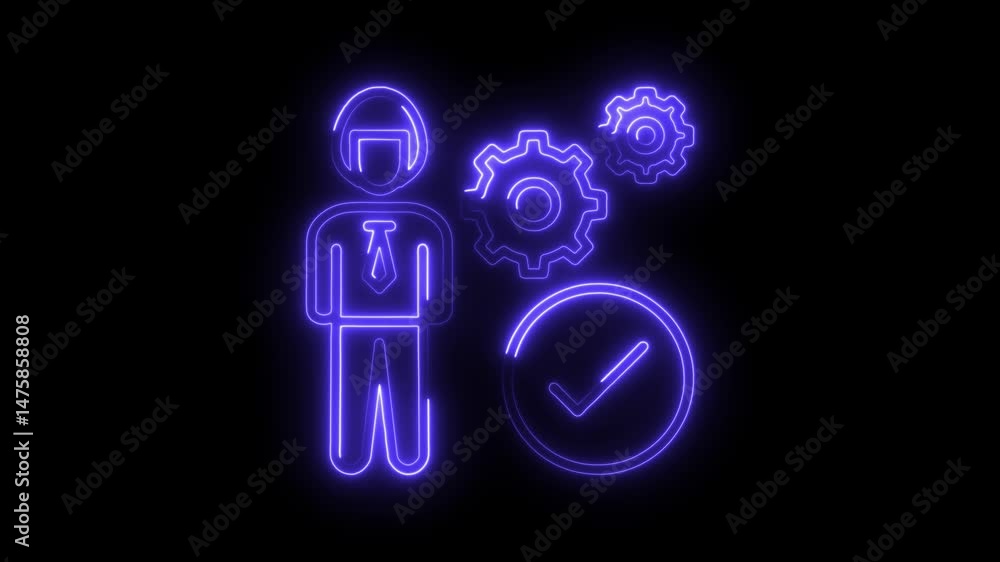 Poster neon man with gears and check mark illustrating project management efficiency and completion