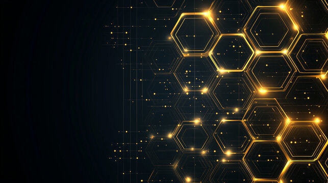 Dark honeycomb structure illuminated with golden lights abstract background, perfect for tech security and futuristic branding