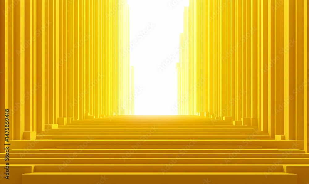Poster abstract 3d rendering of a bright yellow staircase leading to a light source, creating a sense of ho