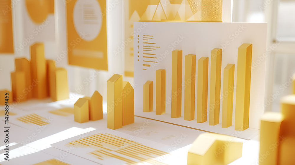 Poster various charts and graphs displayed on a desk with a bright yellow color