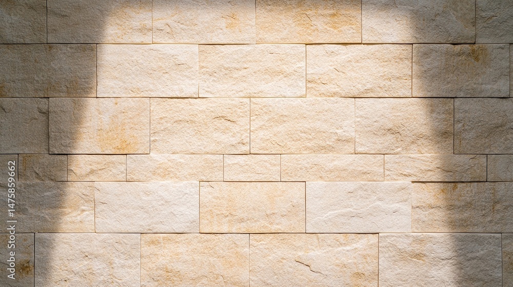 Poster light shines on a textured beige stone brick wall, highlighting its natural patterns and rectangular