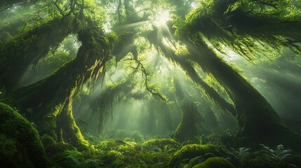 Dense green rainforest, sunlight penetrating through the mist, moss covered old trees, macro water drops on leaves, tranquil nature landscape. Lush tropical jungle with mist and vibrant foliage