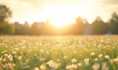 Serene sunset over a field of wildflowers, bathed in golden hour light. Perfect for backgrounds, websites, or calming imagery.