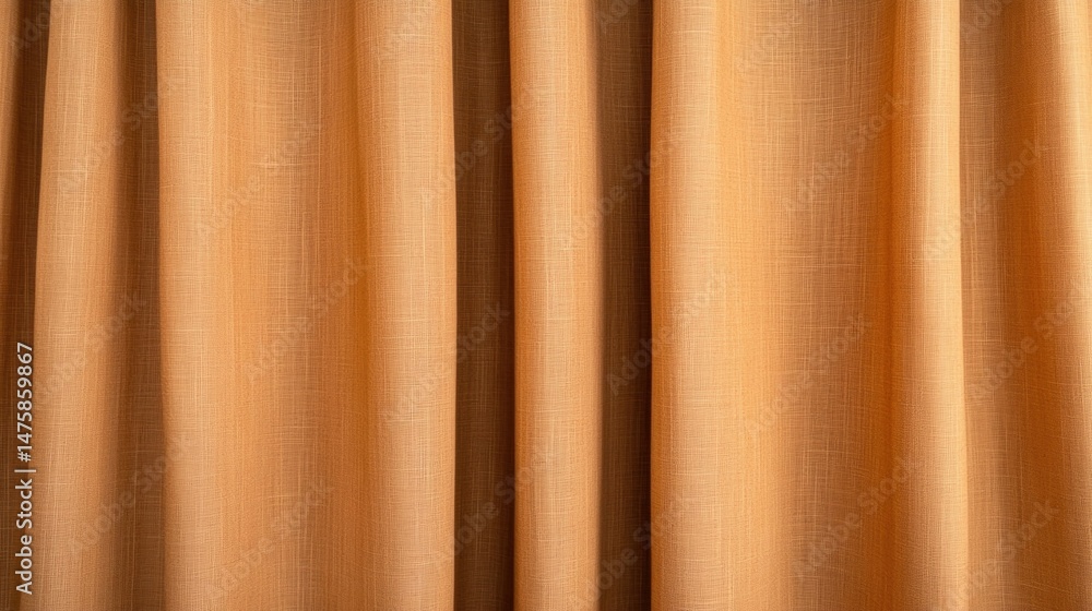 Poster close-up of orange fabric curtains with a textured, woven pattern and soft vertical folds.