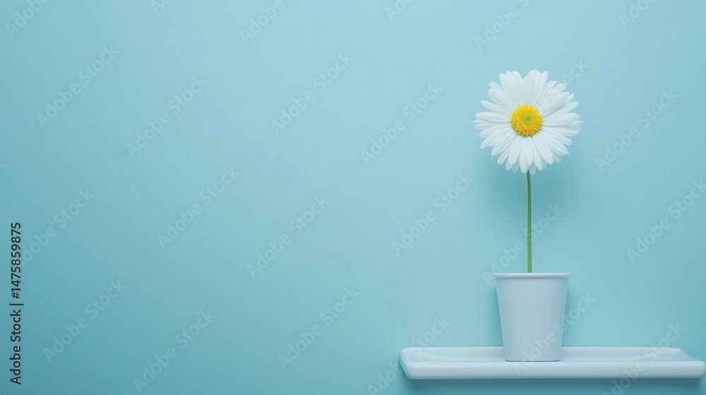 Poster a single daisy in a white pot sits on a shelf against a plain light blue background, creating a mini