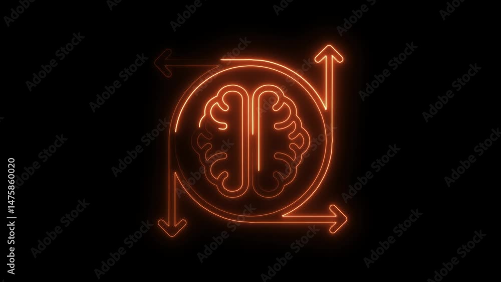 Poster glowing brain icon rotating with arrows for learning thinking and creative concepts on black backgro
