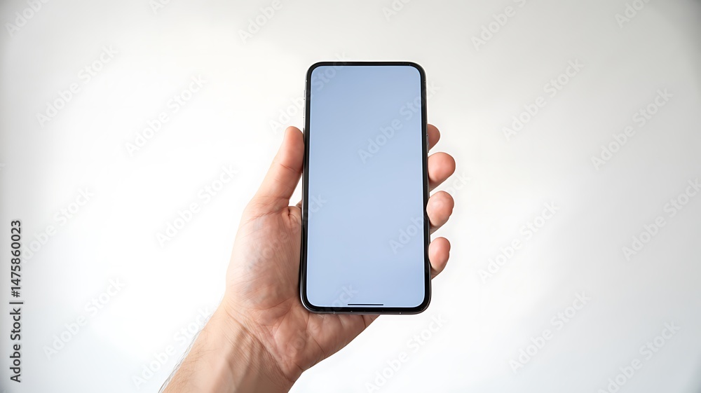 Poster hand holding blank screen mobile phone for app ui design showcase mockup presentation template perso