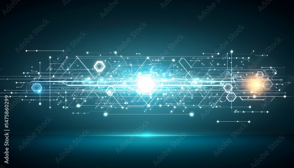 Poster abstract digital technology background featuring glowing circuit lines and hexagons, perfect for pre