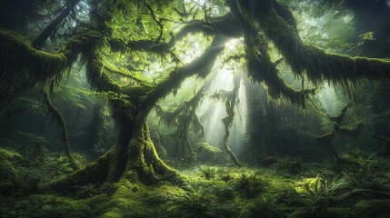 Dense green rainforest, sunlight penetrating through the mist, moss covered old trees, macro water drops on leaves, tranquil nature landscape. Lush tropical jungle with mist and vibrant foliage