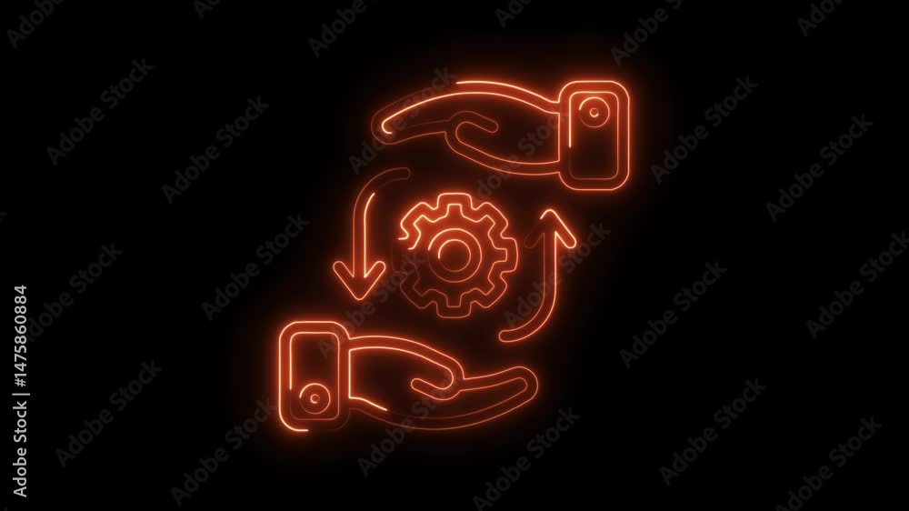 Poster neon hands interacting with gear mechanism with arrows on black background concept of collaboration 