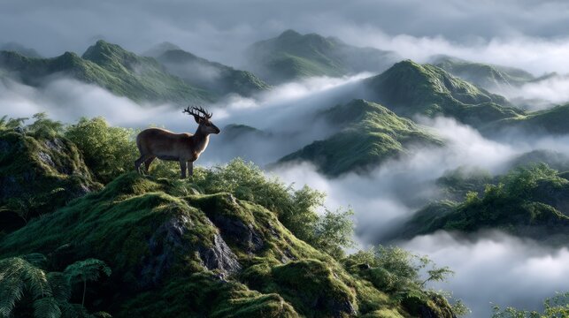 Majestic deer standing on a mountain top amidst ethereal foggy landscape