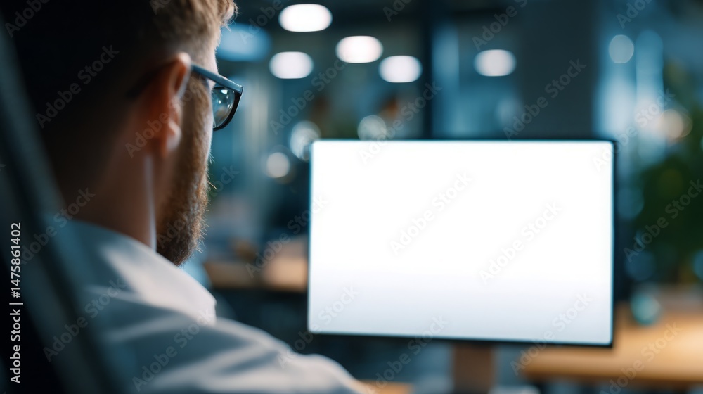 Poster man working at a computer with blank screen in modern office space