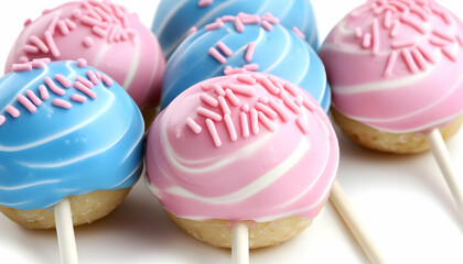Obraz premium Delicious pink and blue cake pops, perfect for celebrations, gender reveals, or sweet treats.