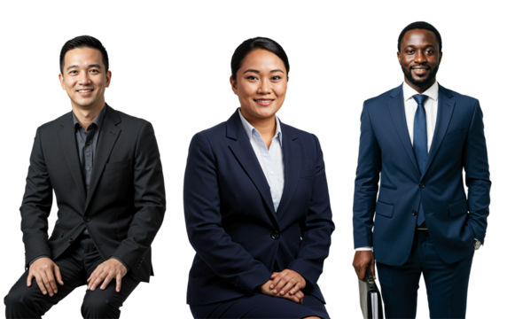 Diverse group of three middle-aged business professionals, including an Asian male, an Asian female, and a Black male, wearing suits and posing for a studio portrait.