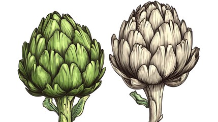 Fototapeta premium Detailed hand-drawn illustration of two artichoke heads.