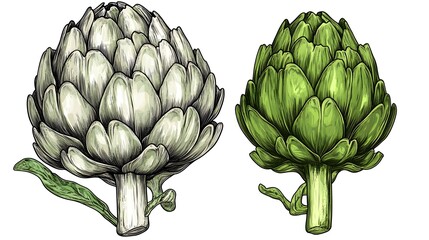 Two detailed illustrations of artichoke heads, one light gray and one deep green.