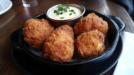 Crispy, golden food bites served with a creamy sauce.