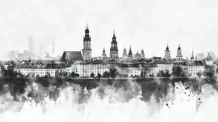 Fototapeta premium Monochromatic Panorama of Lublin's Old Town: A Watercolor Cityscape