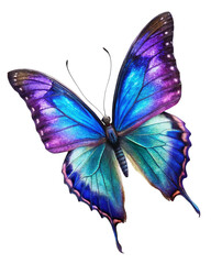 Vibrant butterfly, iridescent blue wings on a transparent background