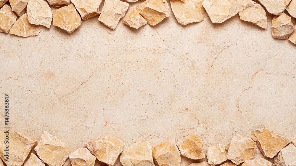 Poster light brown stone pieces frame a textured beige background, creating a natural and rustic border wit