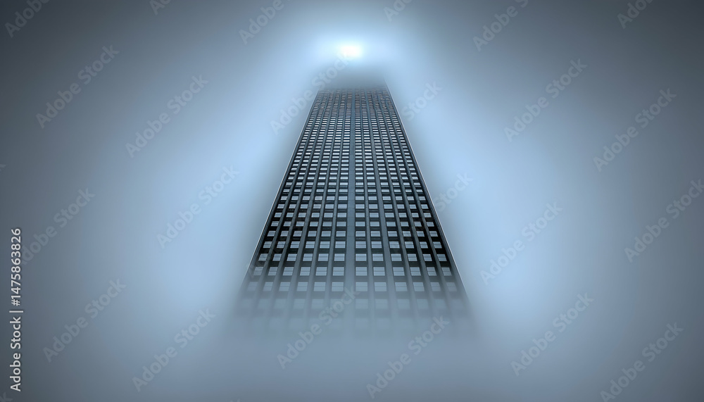 Poster a skyscraper shrouded in mist, reaching towards a bright light, creating a mysterious and atmospheri