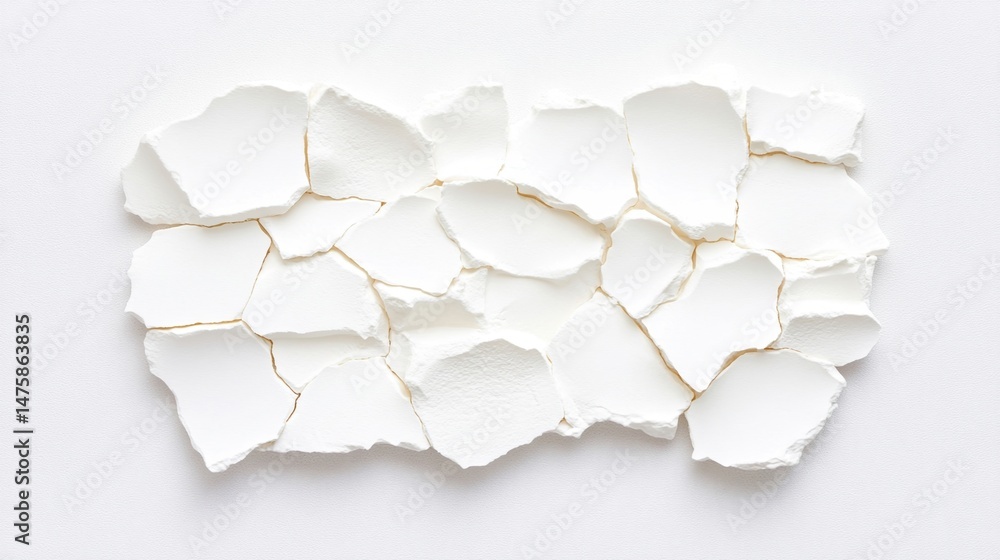 Poster broken white eggshell pieces arranged on a white background, forming an abstract and minimalistic pa