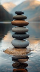 A tranquil stack of stones balanced atop a serene water's surface.