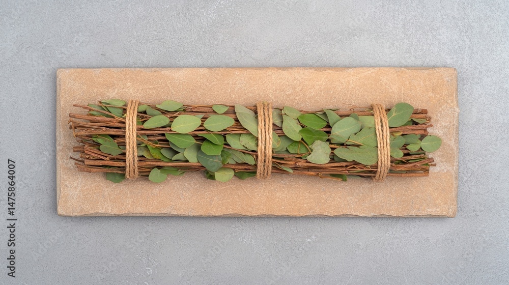 Poster a bundle of green leafy twigs tied with twine rests on a rectangular stone slab against a gray backg