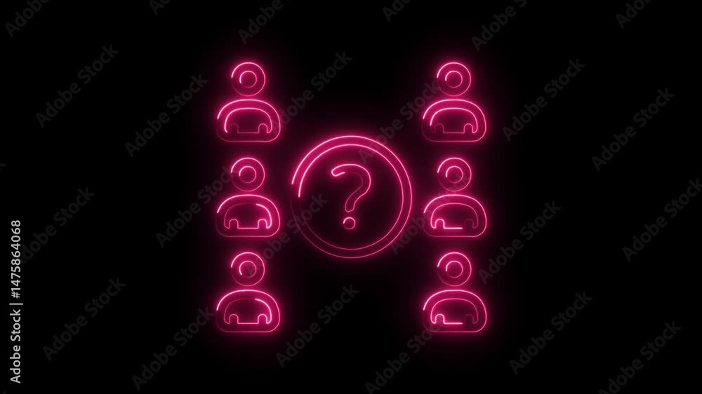 Poster neon style crowd solving problems with collaborative discussions and a central question mark graphic